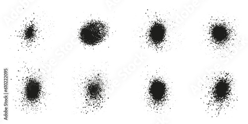 Spray, Spatter and Grunge Effect. Circle Dots, Grain Texture. Black Round Brush Splatter. Abstract Graphic Design Element. Distress Noise, Ink Splash. Isolated Vector Illustration