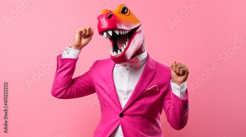 Weird crazy guy in wacky dinosaur mask