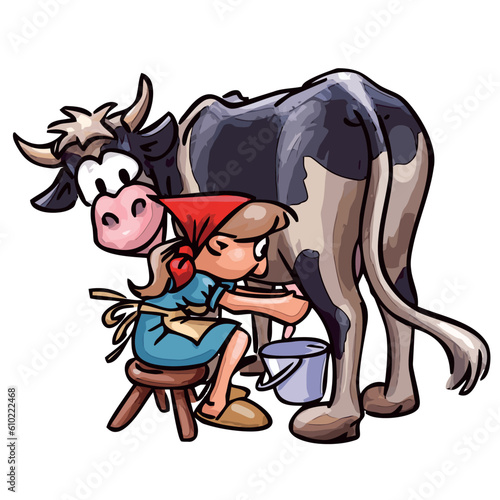 a peasant woman milking cow - cartoon illustration, isolated on white background