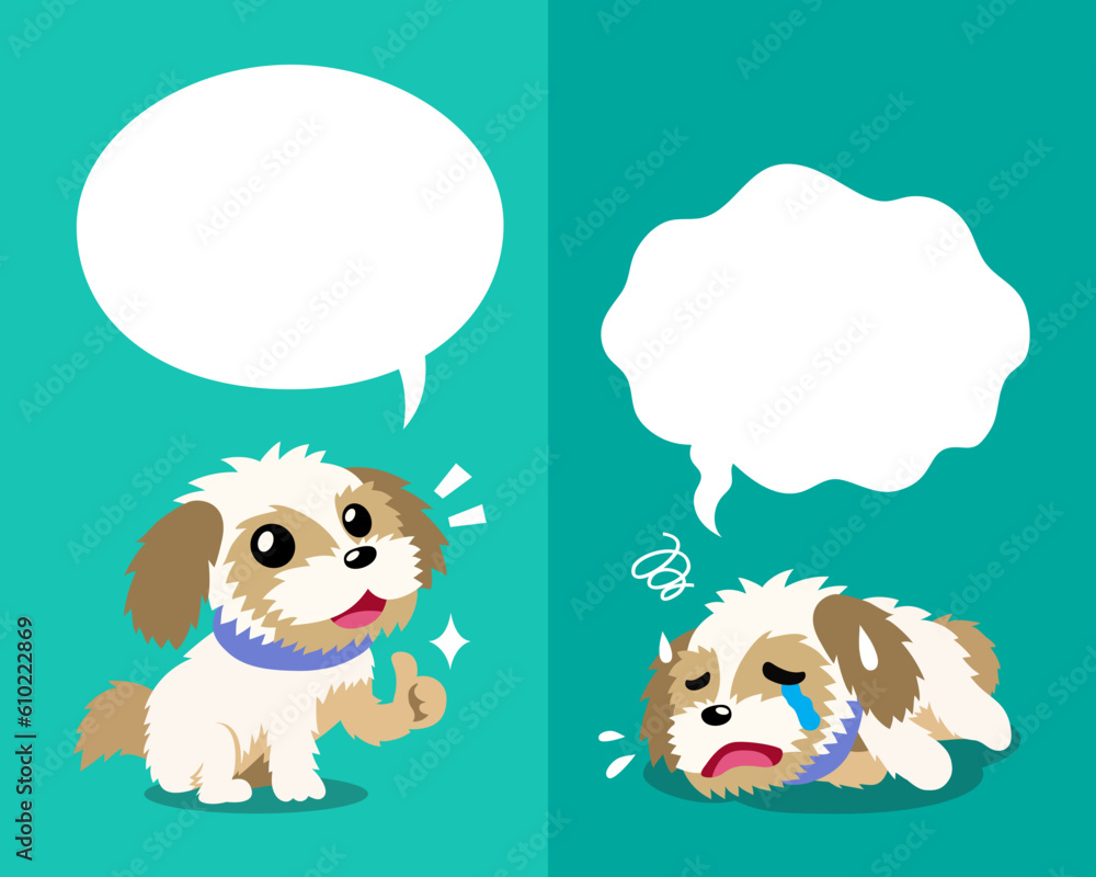 Vector cartoon character shih tzu dog expressing different emotions with speech bubbles for design.