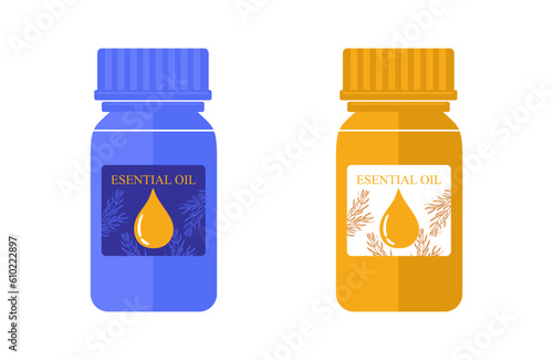 Essential oils bottles isolated on white. Cosmetic bottle or medical vial, flask, flacon. Essential oil botle with label in flat and cartoon vector illustration