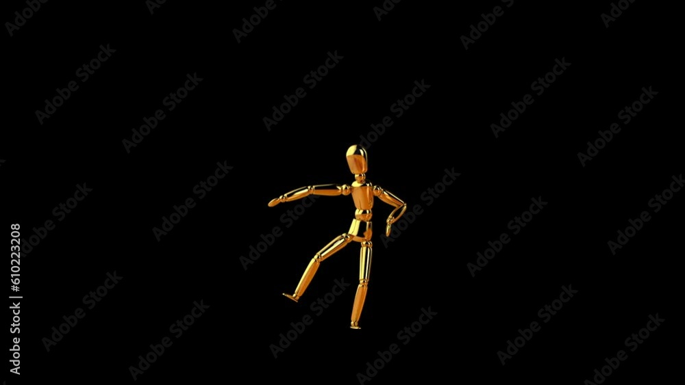 Funny golden mannequin doing a swing step dance, seamless loop, against black Funny golden mannequin doing a swing step dance, seamless loop, against black