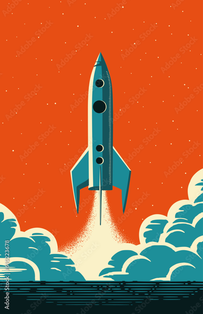 Fototapeta premium Rocket launch in retro futurism style. Vintage rocket take off in nostalgis style.