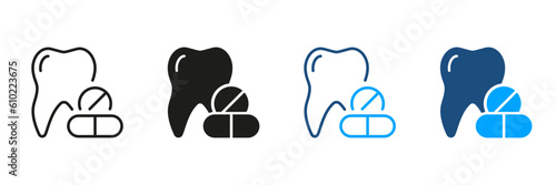 Tooth Pharmacy Medicine Pictogram, Dental Painkillers. Teeth and Pills Silhouette and Line Icons Set. Dental Treatment Symbol Collection. Tablet for Oral Disease. Isolated Vector Illustration
