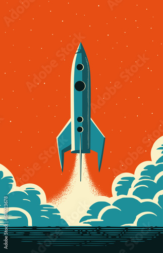 Fototapeta Naklejka Na Ścianę i Meble -  Rocket launch in retro futurism style. Vintage rocket take off in nostalgis style.