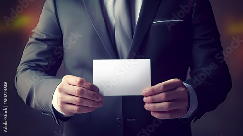 Businessman shows white and blank paper sheet. Postproducted generative AI illustration.