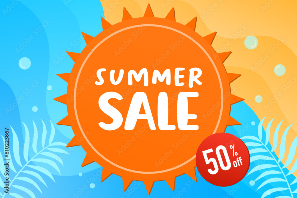 Summer Sale 50% off discount promotion special offer summertime wave beach coast sea sun sand background vector illustration. blue yellow orange colors leaves travel tropical - obrazy, fototapety, plakaty 
