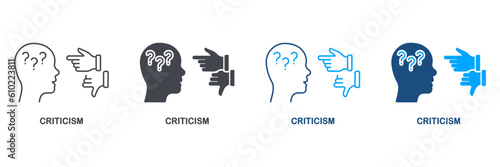 Criticism Silhouette and Line Icon Set. Critic Thinking Symbol Collection. Frustrated Human, Angry Swear and Complain Pictogram. Critical Review, Intellectual Process. Isolated Vector Illustration