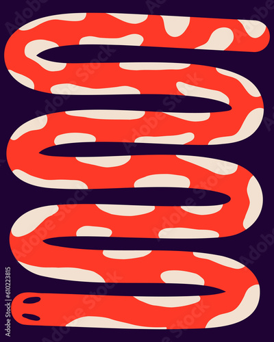 Vibrant groovy snake card in modern trendy naive style. Minimalistic funky bizarre snake