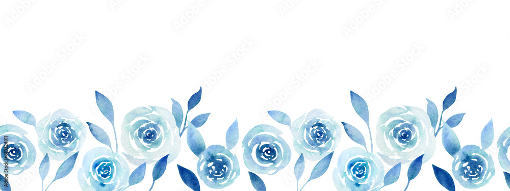 Seamless border of abstract blue roses on a white background.