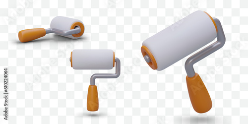 Set of 3D roller brushes for painting ceiling and walls. Foam roller tool for priming large flat surfaces. View from front, side, at angle. Isolated image, tools for repair