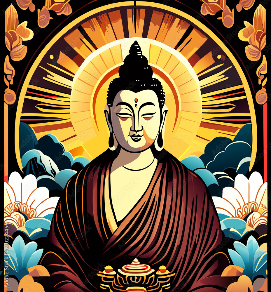 Buddha with flowers and sun. Vector illustration in retro style. Buddha with flowers and sun. Vector illustration in retro style.