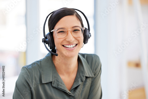 Happy woman, portrait and call center for virtual communication, business support or e learning services. Face of agent, education advisor or agency person for consulting, chat and advice in office