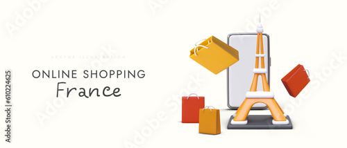 Online shopping in France. Access to most famous brands in country. Phone application for tracking product updates. Preordering of goods. Advertising poster with 3D Eiffel Tower