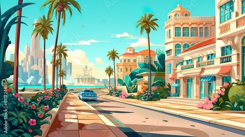 Background city beach with palm. A visually stunning banner design capturing the beauty of a city beach with palm trees through an intricate illustration. Generative AI.