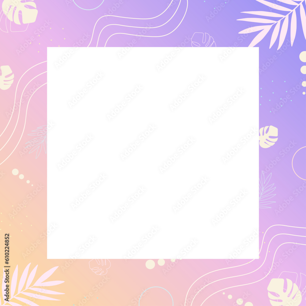 Tropical  background with white square and a purple-pink gradient. Creative compositions of colorful palm leaves and branches. Floral geometric design template for posters, covers, social media storie