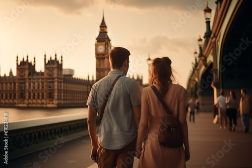 Travel, vacation, romance concept. Young couple traveling and walking in London, England. Big Ben in background. Man and woman view from behind. Sunset summer background. Generative AI