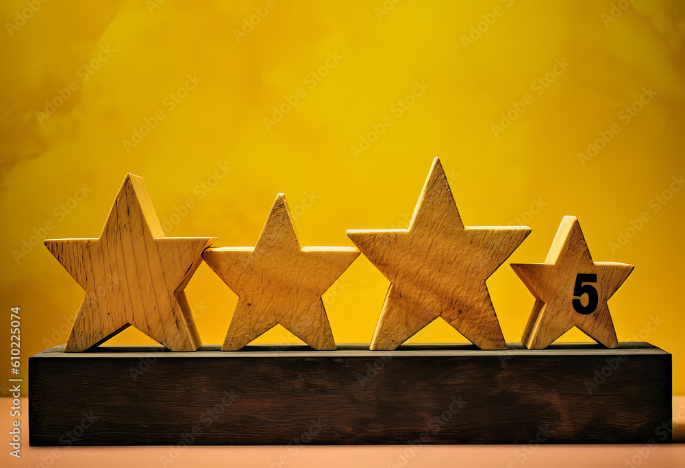 Fototapeta premium five stars rating icons on yellow background, in the style of mixed-media sculptor, human-canvas integration, carved wood blocks