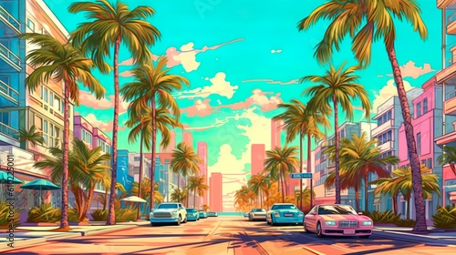 Background city beach with palm. An immersive banner design featuring an illustrated city beach with palm trees against a captivating abstract background. Generative AI. © Andrey