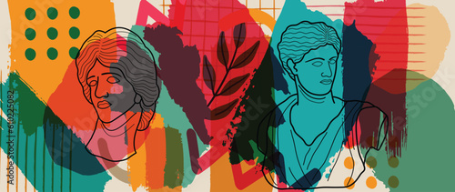 Hand painted arts vector background. Abstract art exhibitions design with brushes, watercolor, leaves, ancient greek statues, sculpture. Literature illustration for painting, cover, print, fabrics.
