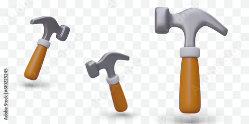 Set of 3D metal hammers with wooden handle. Traditional hand tool for repair, construction. Realistic modern icons with shadows. Carpentry tool. Isolated image