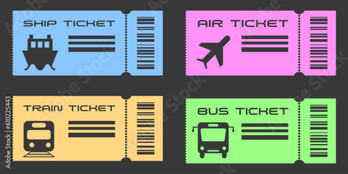 Set of Transport Tickets. Travel tickets for bus, plane, train and ship.