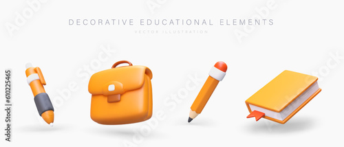 Set of 3D icons, accessories for learning. Ballpoint pen, briefcase, pencil, book. Vector illustration on white background. Signs of education, nobility, development. Cute plasticine style