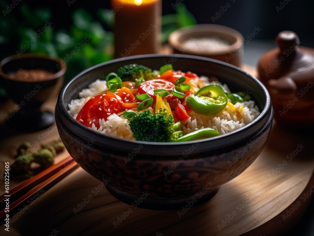 steaming bowl of rice topped with vegetables and chopsticks resting on the edge steaming bowl of rice topped with vegetables and chopsticks resting on the edge