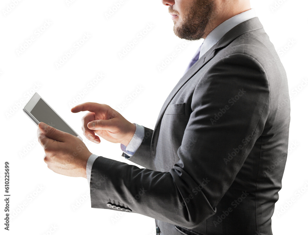 Businessman holding a digital tablet and future technology concept Businessman holding a digital tablet and future technology concept