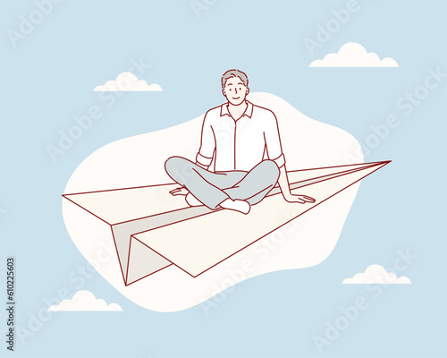 man sitting paper page plane. Hand drawn style vector design illustrations.