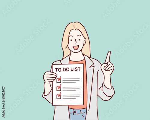 Woman holding a notebook with written words To do list. Hand drawn style vector design illustrations.