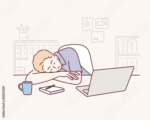 Deadline, overworking, sleep,  business concept. Tired exhausted overworked businessman clerk manager sleeping taking nap on office workplace table.Hand drawn style vector design illustration