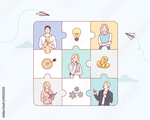 Business people in a blue puzzle collage. Hand drawn style vector design illustrations.