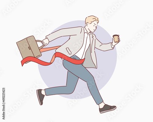 Businessman on the finishing line in competition concept. Hand drawn style vector design illustrations.
