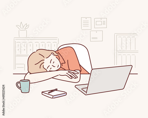 Deadline, overworking, sleep, business concept. Tired exhausted overworked businessman clerk manager sleeping taking nap on office workplace table.Hand drawn style vector design illustration