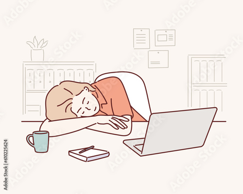 Deadline, overworking, sleep,  business concept. Tired exhausted overworked businessman clerk manager sleeping taking nap on office workplace table.Hand drawn style vector design illustration