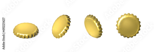 3d realistic vector icon. Gold beer caps in different side view. isolated.