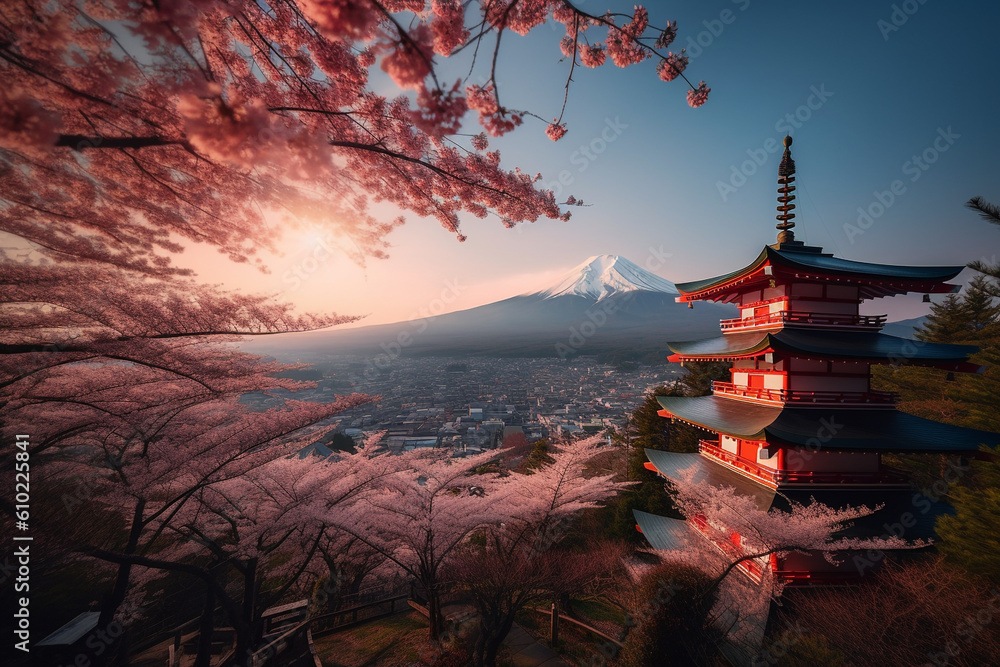 Travel, landscape, cityscape concept. Fujiyoshida, Japan Beautiful view of mountain, Chureito pagoda, cherry blossoms. Generative AI