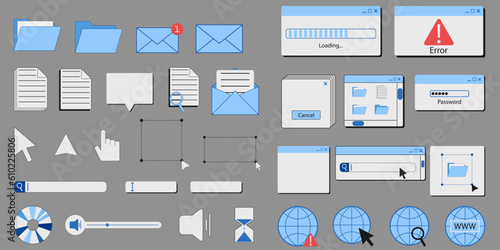 Cool Trendy UI Retro PC Screen Vector Design. Vaporwave Illustration. Desktop Computer Elements. File Folders Icons.