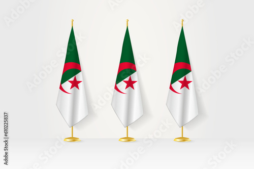 Three Algeria flags in a row on a golden stand, illustration of press conference and other meetings.