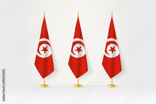 Three Tunisia flags in a row on a golden stand, illustration of press conference and other meetings.