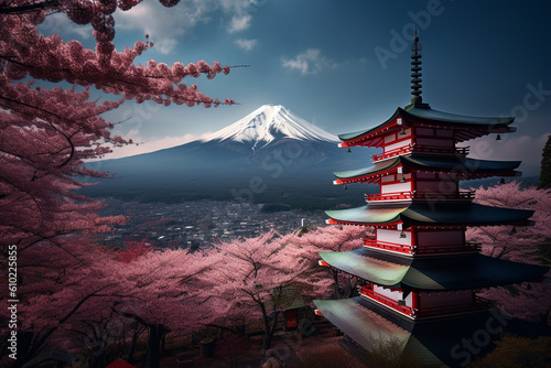 Travel  landscape  cityscape concept. Fujiyoshida  Japan Beautiful view of mountain  Chureito pagoda  cherry blossoms. Generative AI