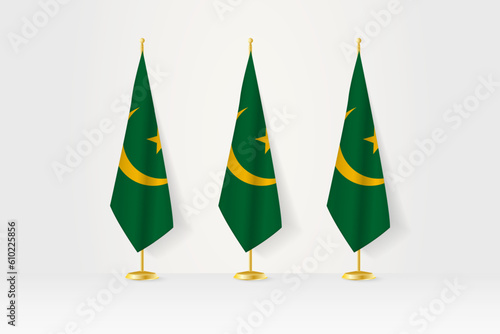 Three Mauritania flags in a row on a golden stand, illustration of press conference and other meetings.