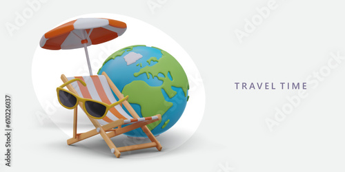 Giant 3D globe, striped beach umbrella, sunglasses, deck chair. Travel ad template in cartoon style. Time to relax and sunbathe. Vacations in other countries