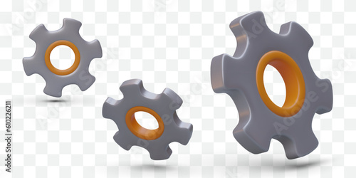 Set of 3D gears with shadows. Isolated vector images of tools. Realistic gray cogwheels with yellow hubs. Front, side view. Technical support, settings