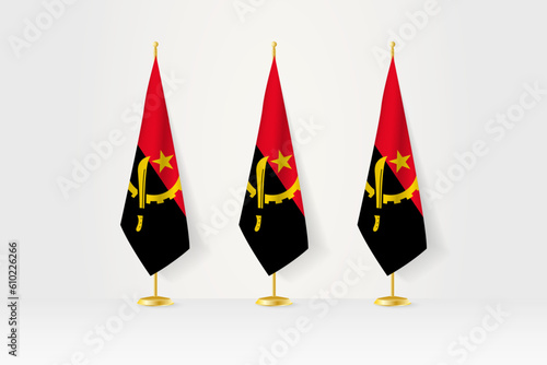 Three Angola flags in a row on a golden stand, illustration of press conference and other meetings.