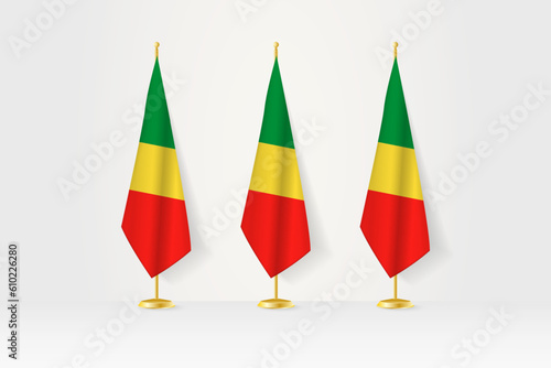 Three Congo flags in a row on a golden stand, illustration of press conference and other meetings.