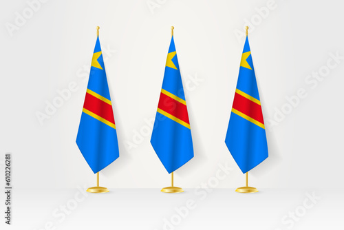 Three DR Congo flags in a row on a golden stand, illustration of press conference and other meetings.