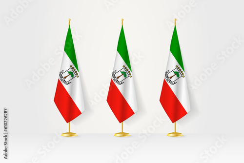 Three Equatorial Guinea flags in a row on a golden stand, illustration of press conference and other meetings.