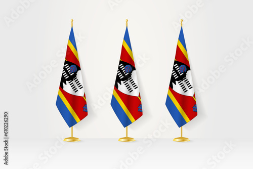 Three Swaziland flags in a row on a golden stand, illustration of press conference and other meetings.